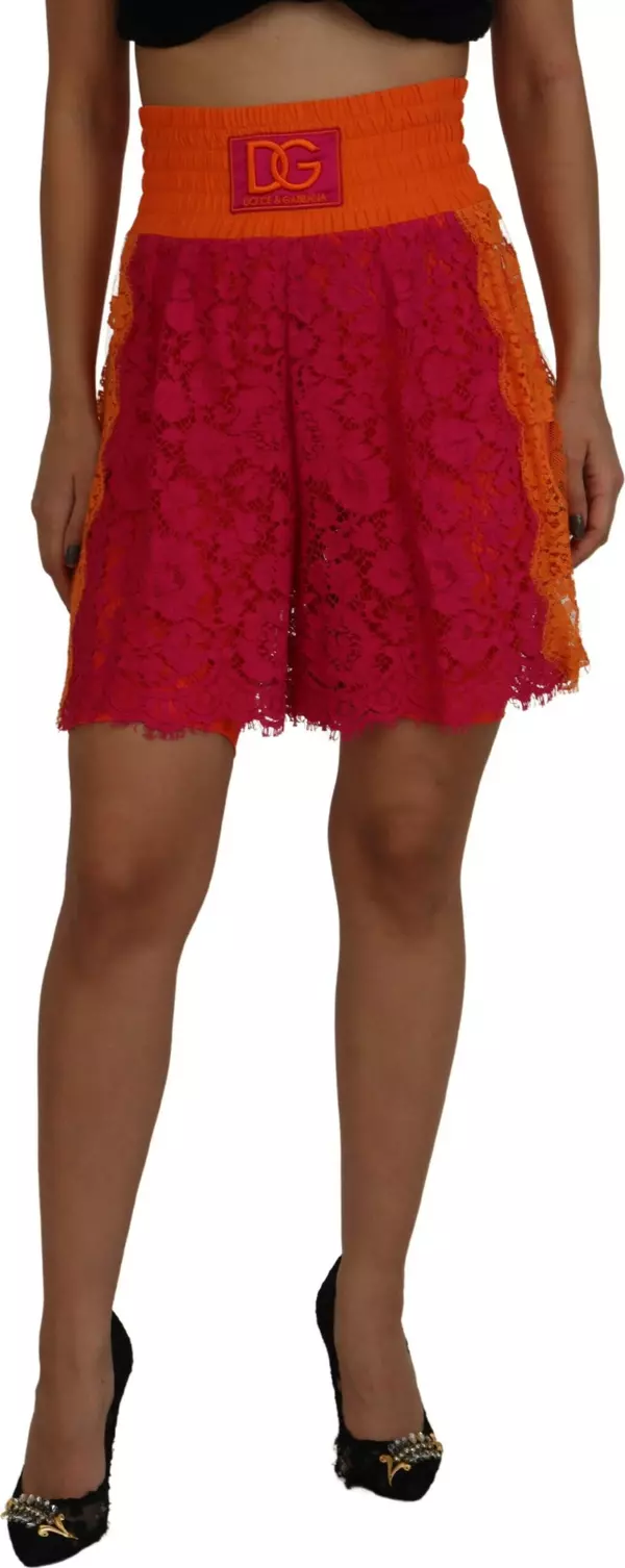 Pink Orange Lace Cotton High Waist Shorts