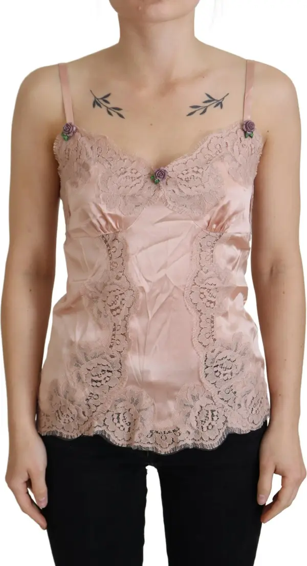 Pink Satin Lace Roses Tank Top Lingerie