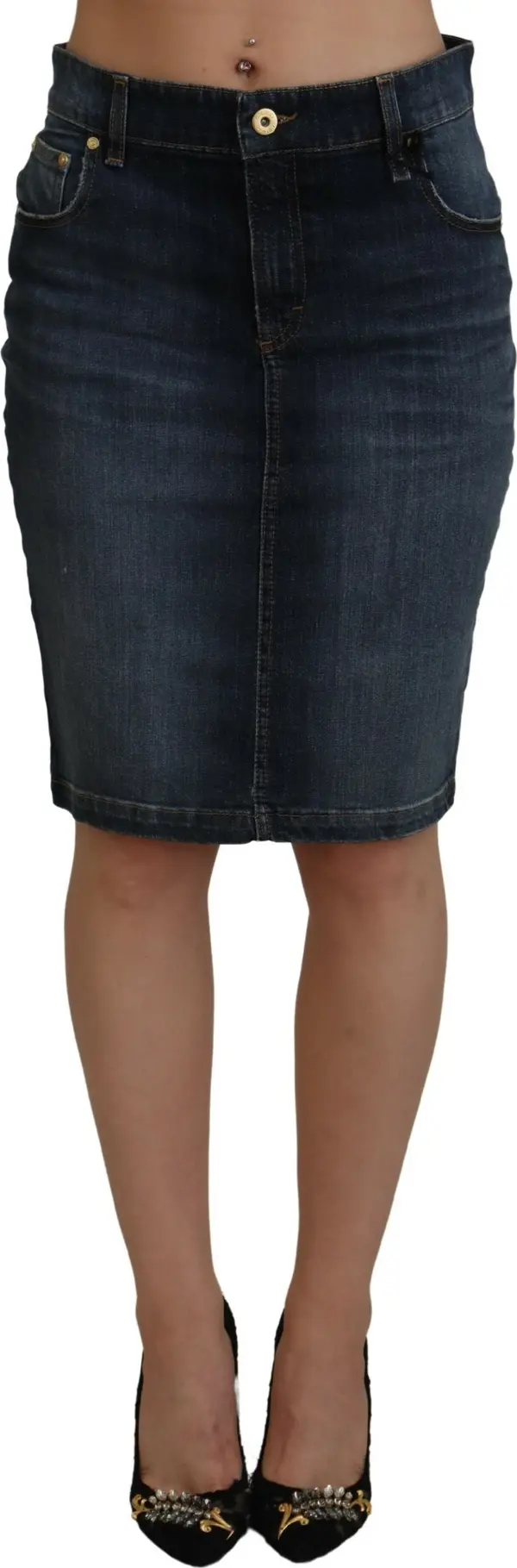 Dark Blue Washed Mid Waist Pencil Cut Denim Skirt