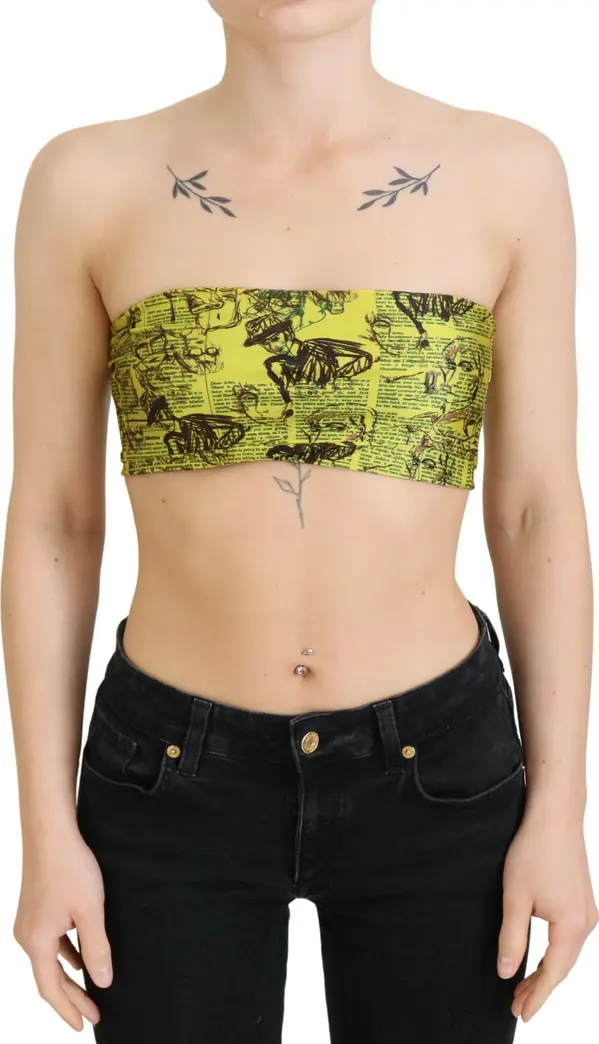 Yellow Newspaper Print Cropped Blouse
