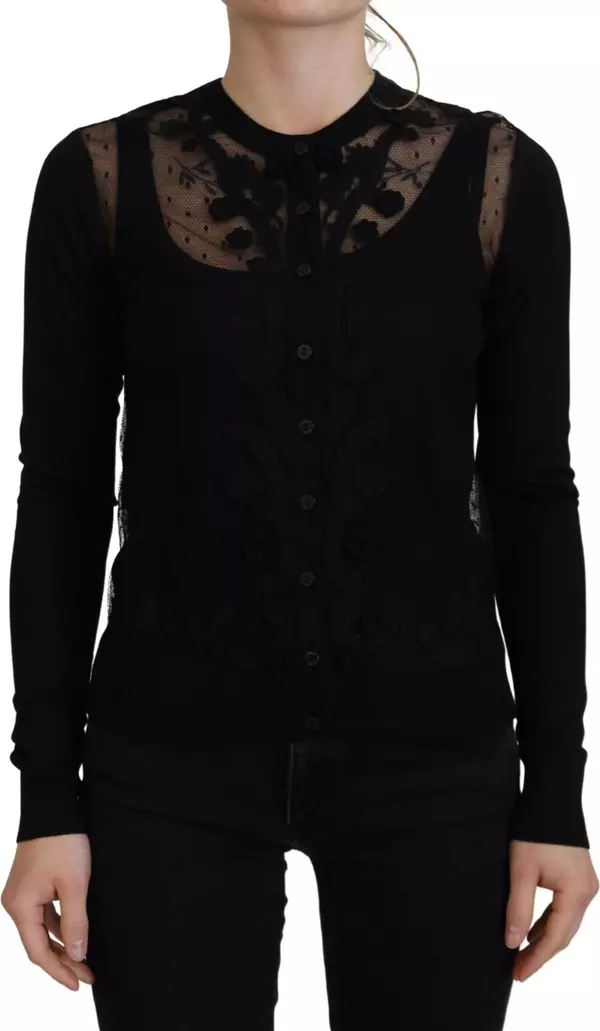 Black Floral Lace Button Cardigan Sweater