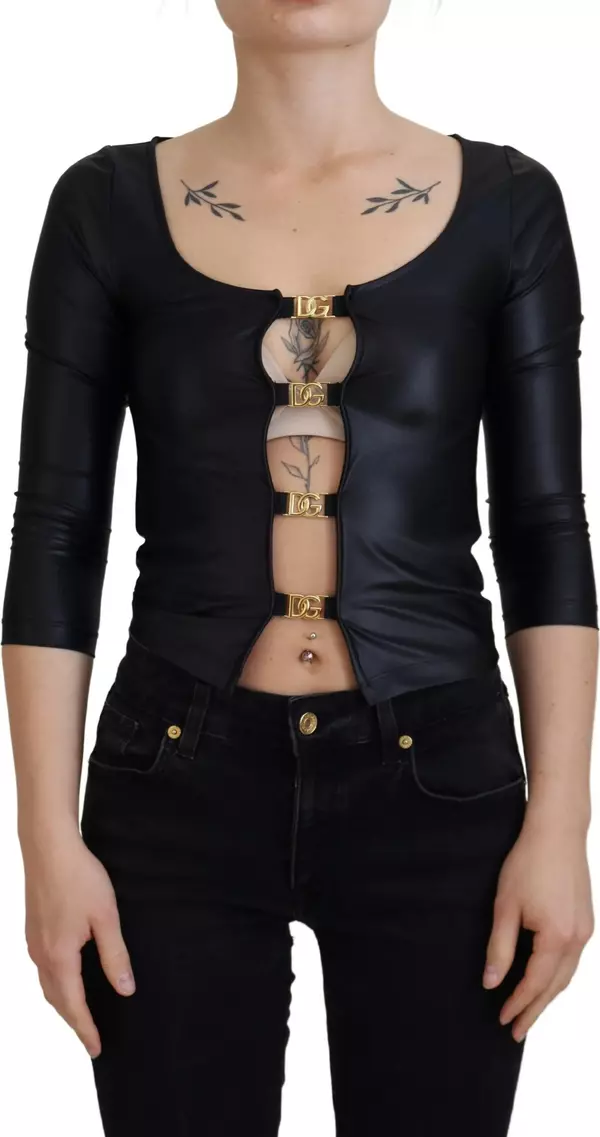 Black Cotton Stretch Open Chest 3/4 Sleeve Top