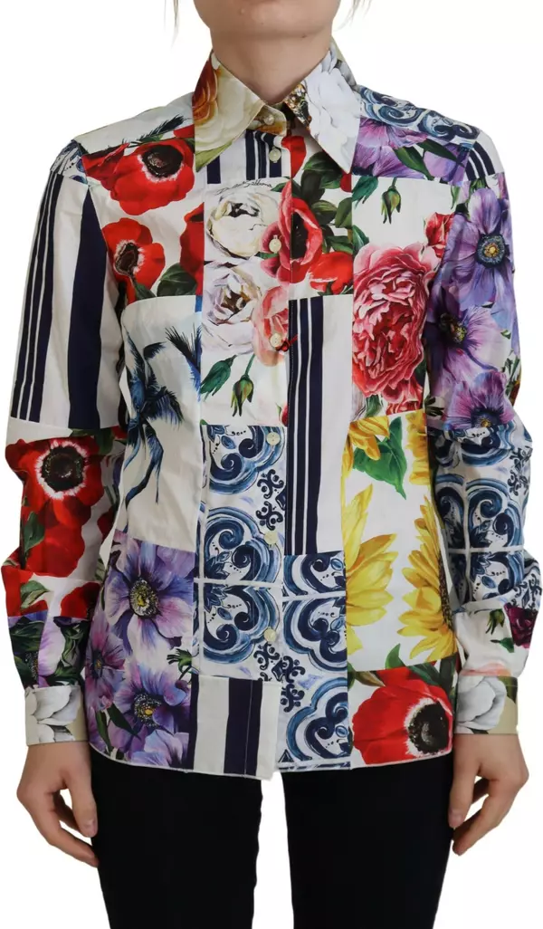 Multicolor Floral Cotton Collared Blouse Top