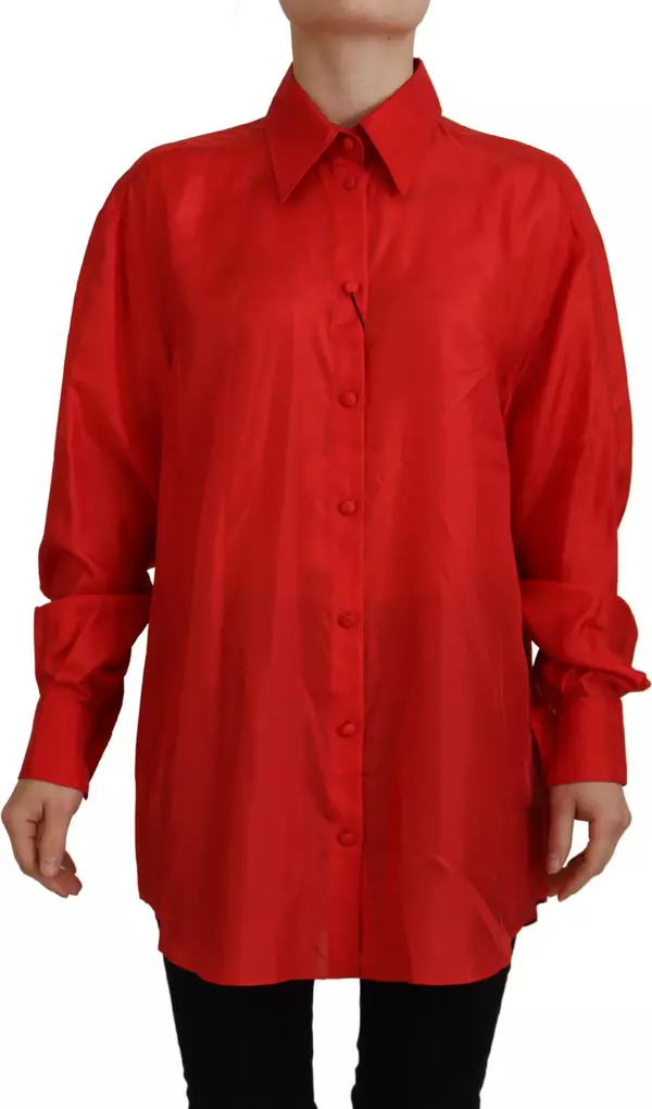 Red Silk Collared Long Sleeves Dress Shirt Top