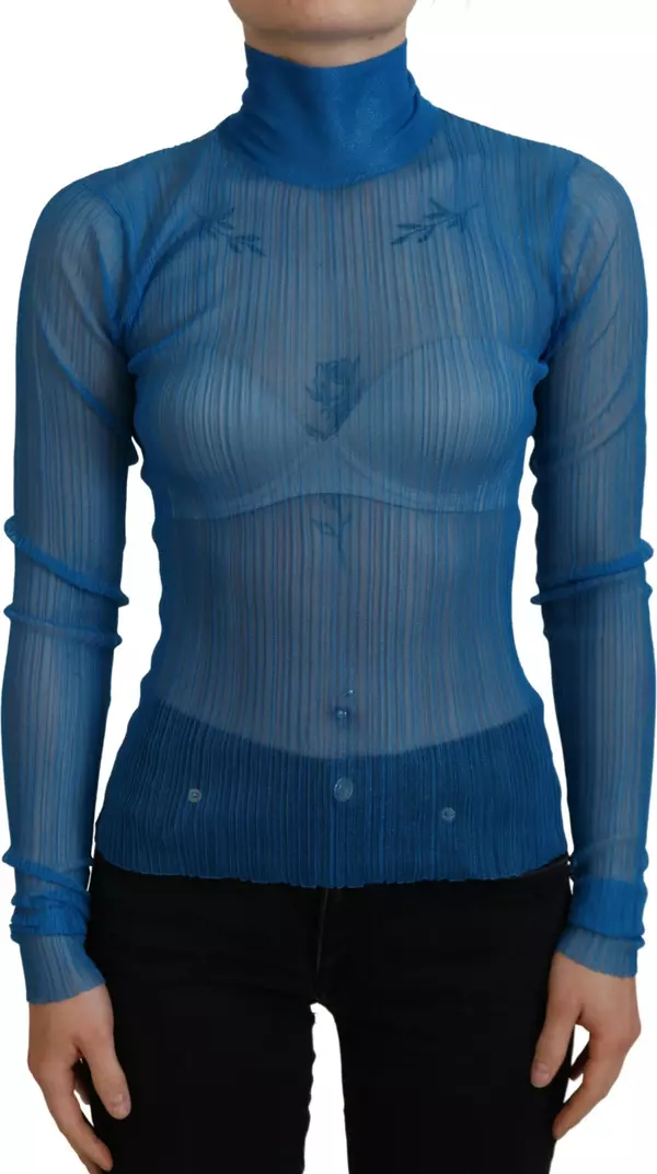 Blue Mesh Turtleneck Long Sleeve Blouse Top