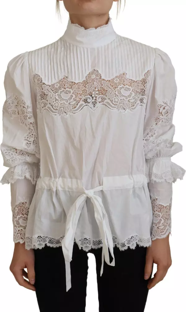 White Cotton Lace Trim Turtle Neck Blouse Top