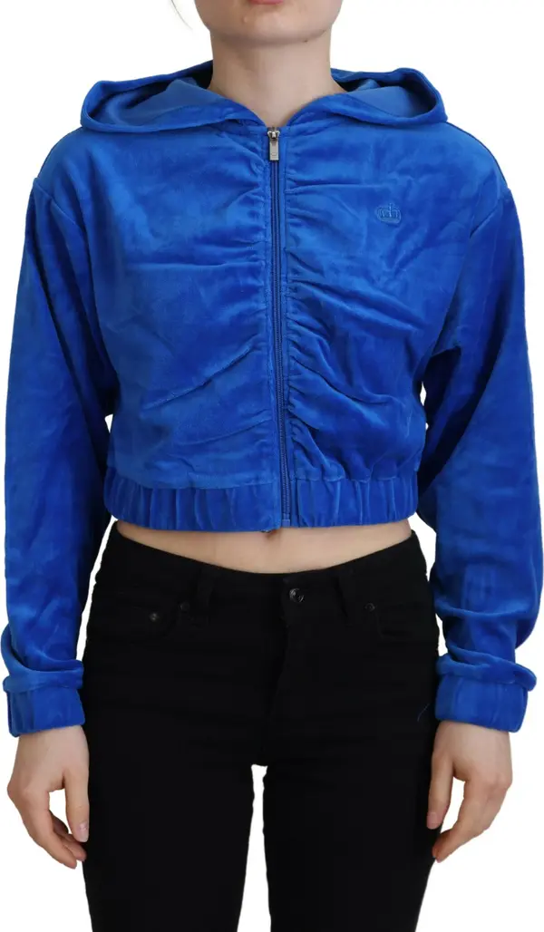 Blue Cotton Full Zip Cropped Hooded Sweatshirt Sweater