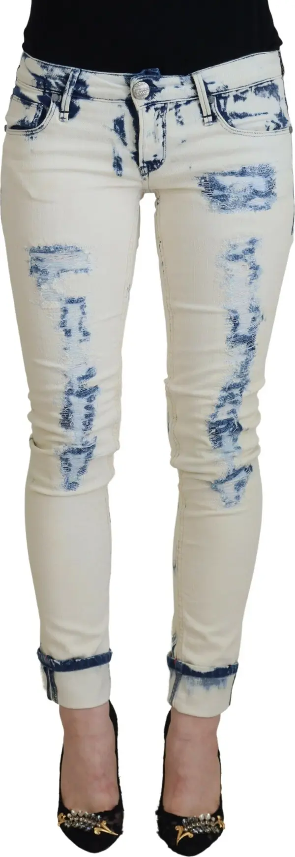 White Blue Cotton Skinny Women Tattered Denim Jeans
