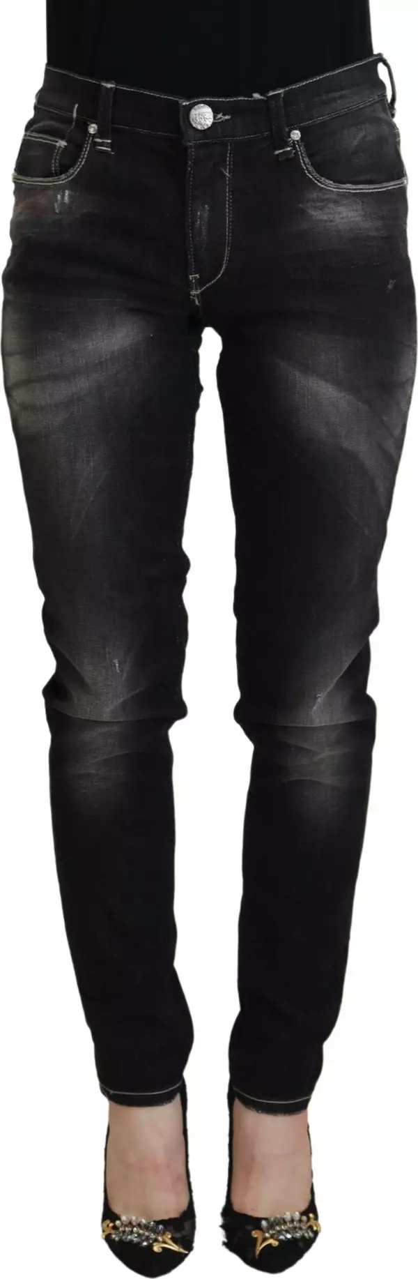 Black Washed Mid Waist Tapered Women Casual Denim Jeans