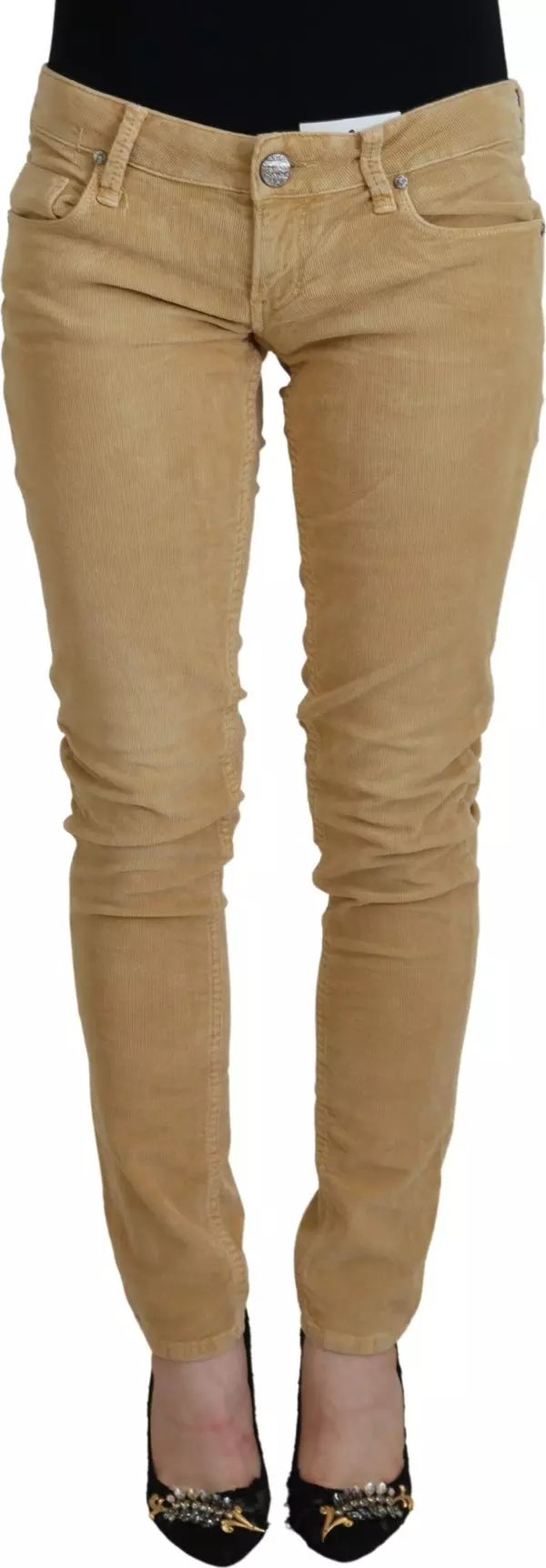 Brown Cotton Corduroy Low Waist Women Casual Jeans