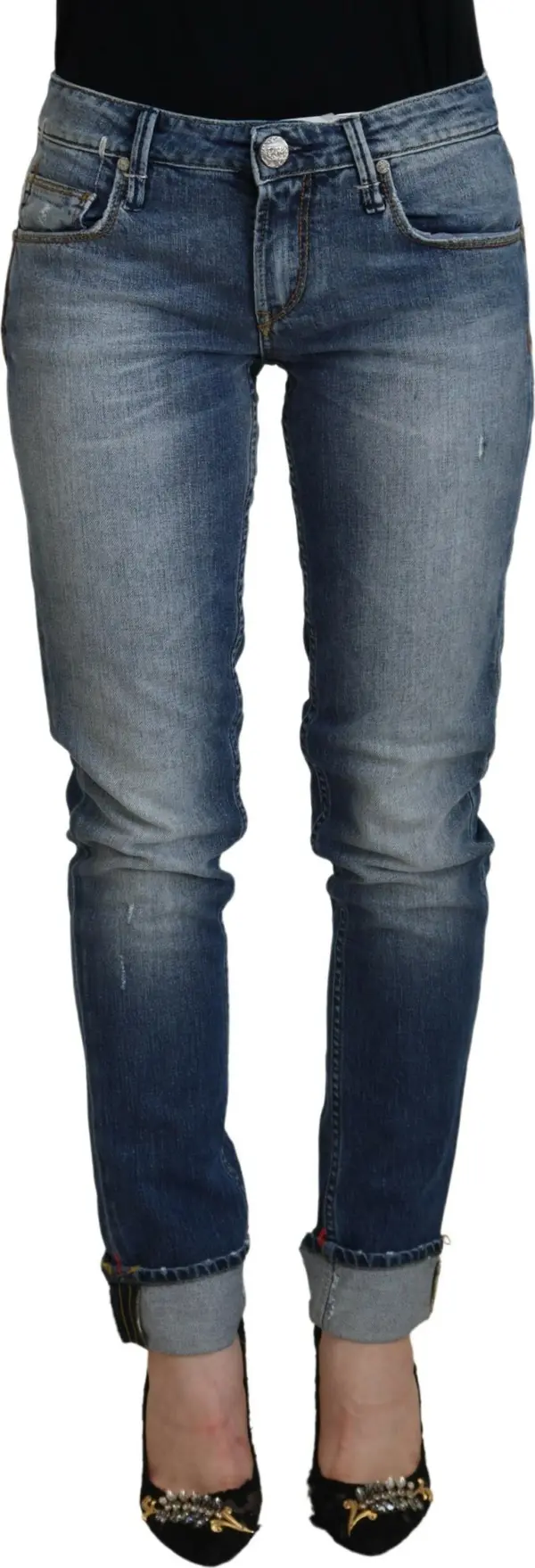Blue Washed Cotton Low Waist Women Casual Jeans