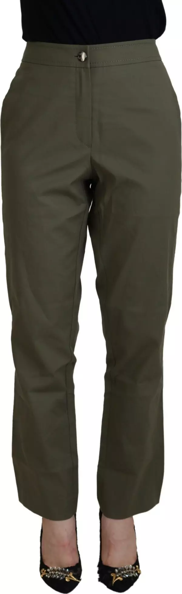 Green Cotton High Waist Women Tapered Pants