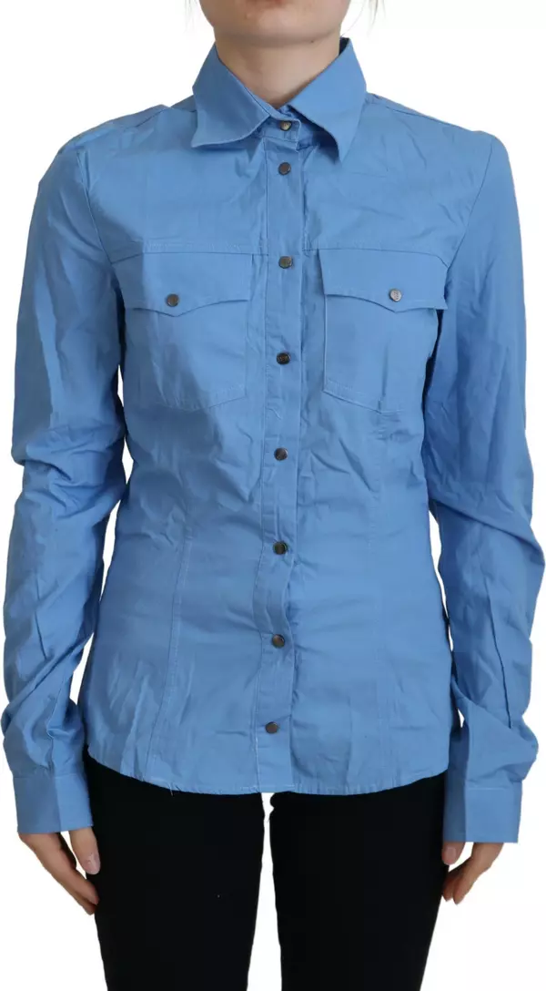 Blue Cotton Long Sleeves Collared Button Down Top