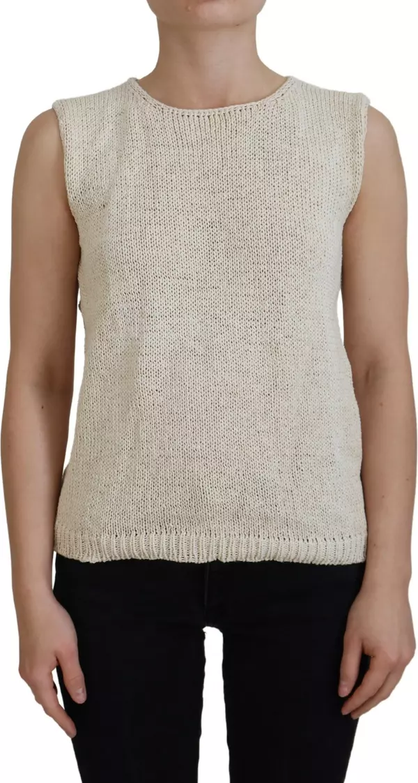 Beige Cotton Blend Sleeveless Round Neck Tank Top