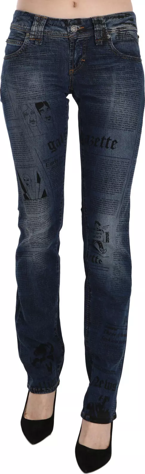 Blue Newspaper Print Low Waist Skinny Denim Pants