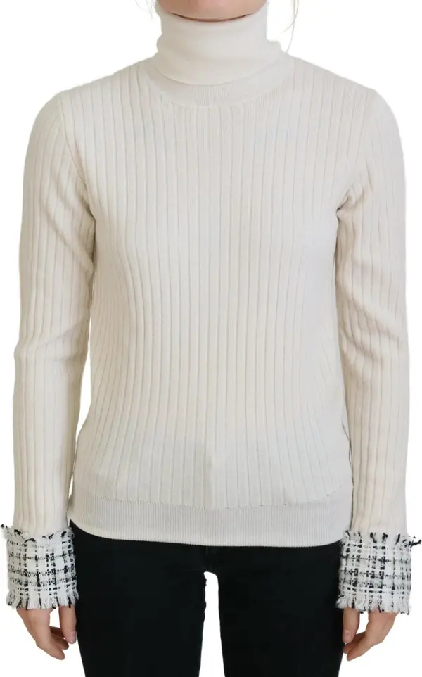 Ivory Turtleneck Distressed Cuff Pullover Sweater