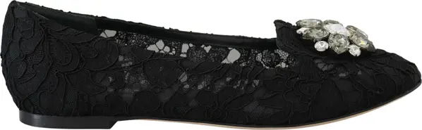 Black Taormina Lace Crystals Flats Shoes