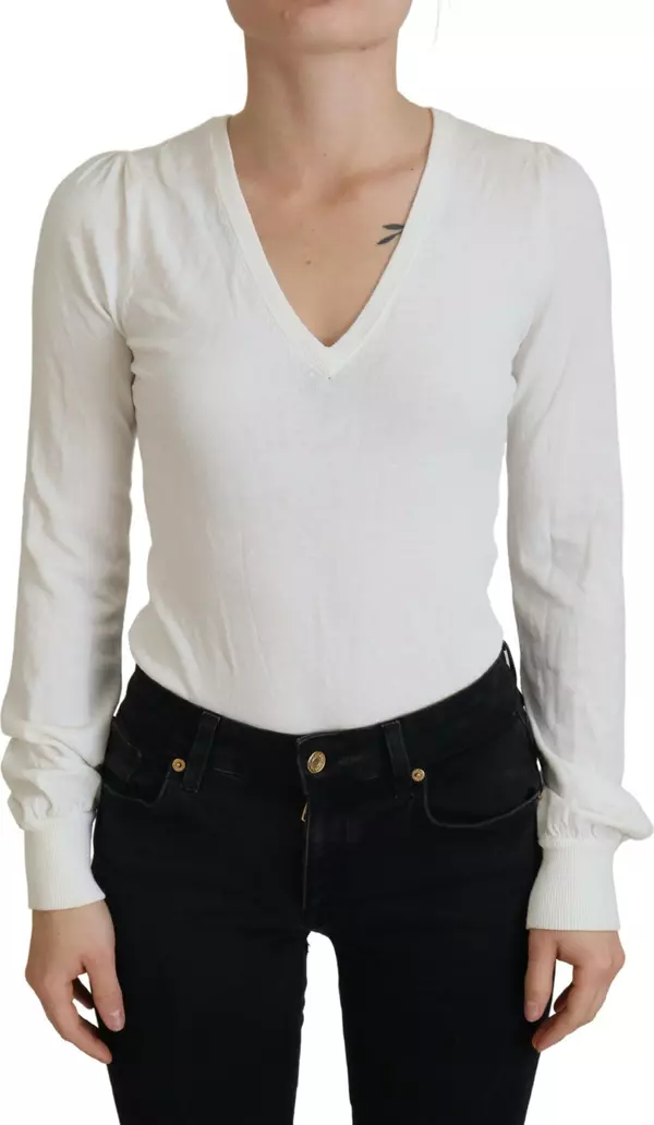 Ivory V-Neck Long Sleeves Women Blouse Top