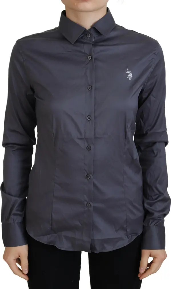Gray Printed Long Sleeves Collared Top