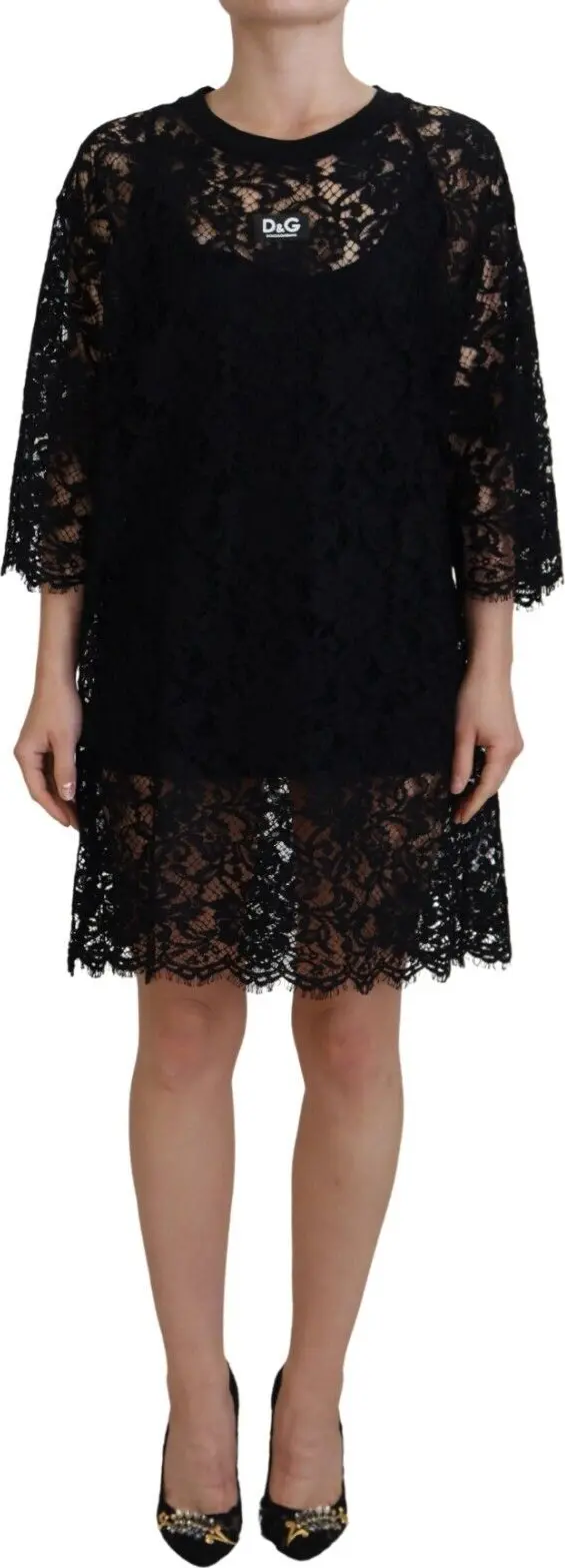 Black Floral Lace Cotton Shift Mini Dress