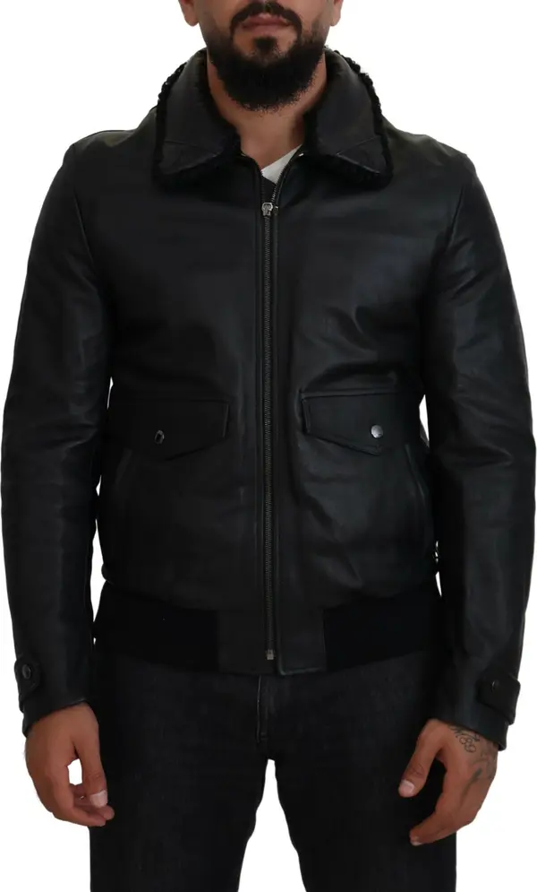 Black Lamb Leather Collared Men Coat Jacket