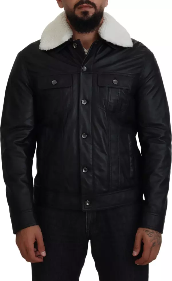 Black Lamb Leather Collared Men Coat Jacket