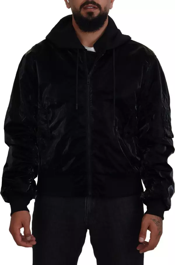 Black Nylon Hooded Full Zip Bomber Jacket
