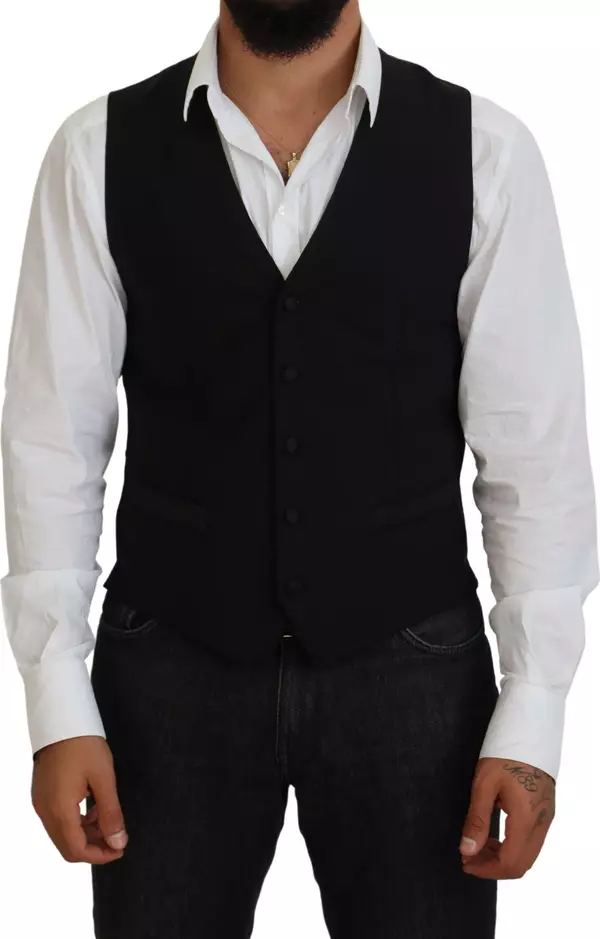 Black Virgin Wool Waistcoat Formal Vest