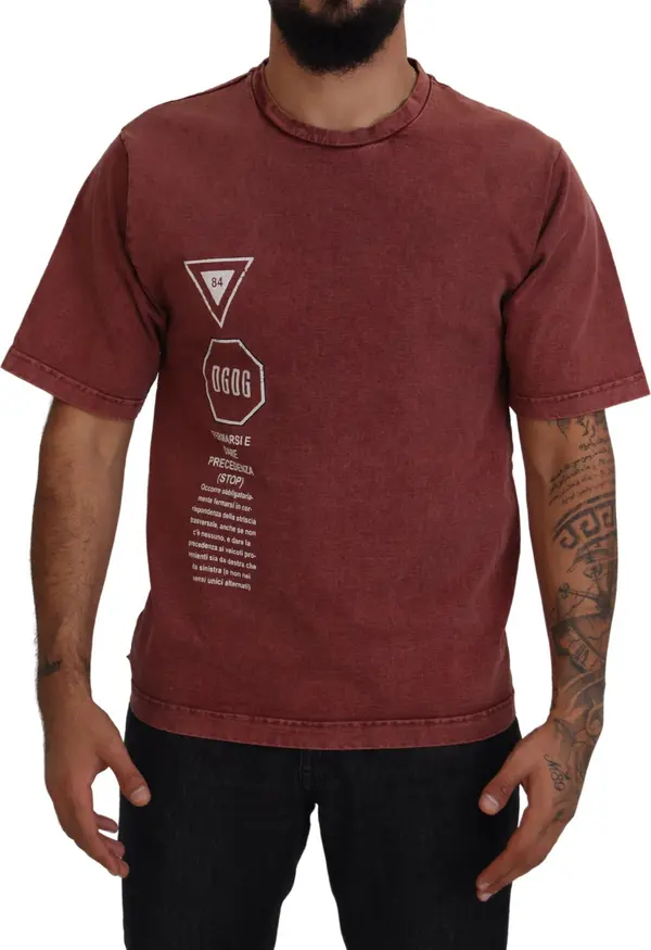Maroon Print Round Neck Short Sleeves T-shirt