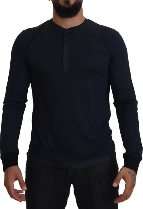 Blue Cotton Button Crewneck Pullover Sweater