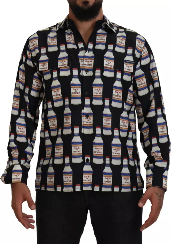 Black Silk Printed Collared Men Casual Shirt