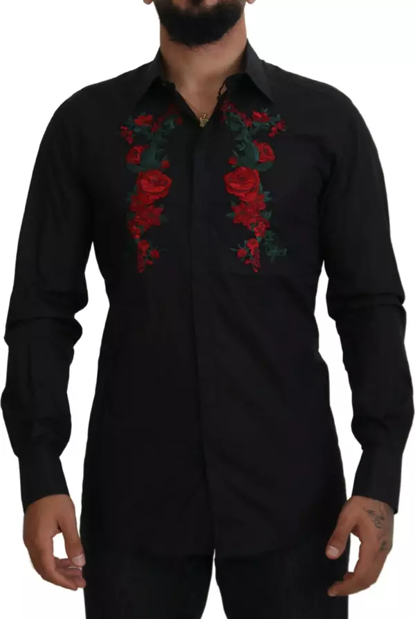 Black Floral Embroidery Men Long Sleeves GOLD Shirt
