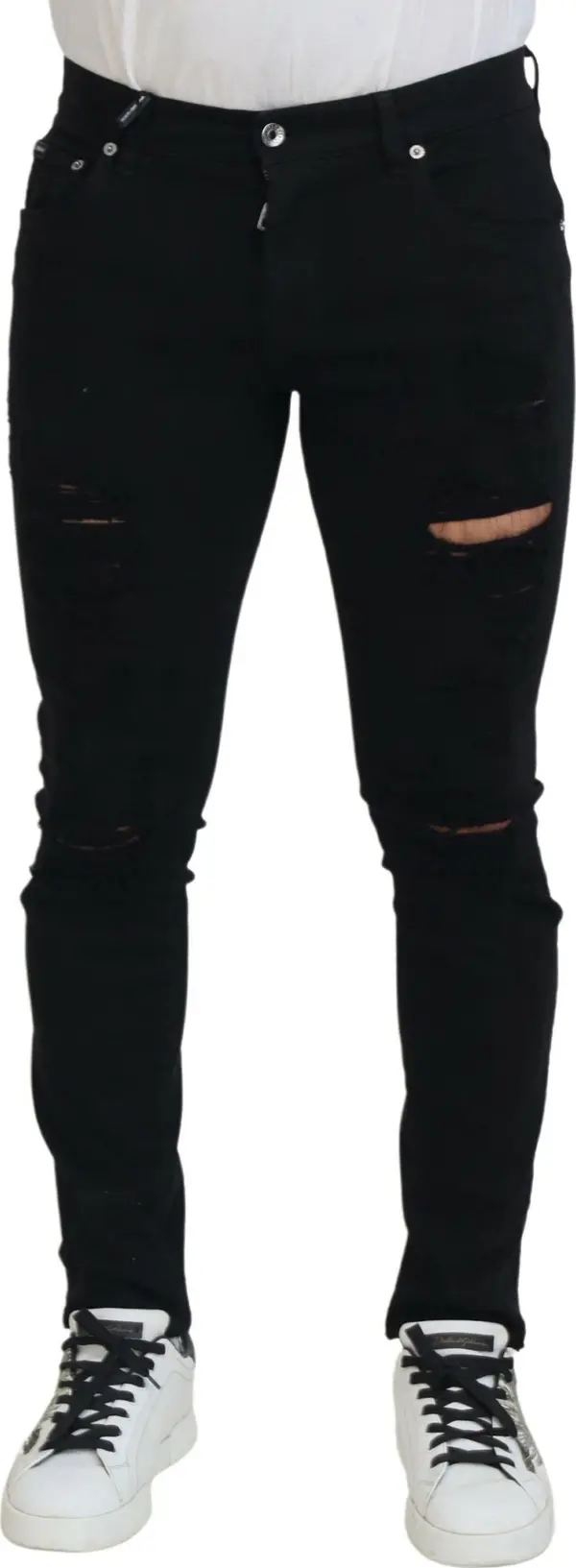 Black Slim Fit Tattered Denim Cotton Jeans