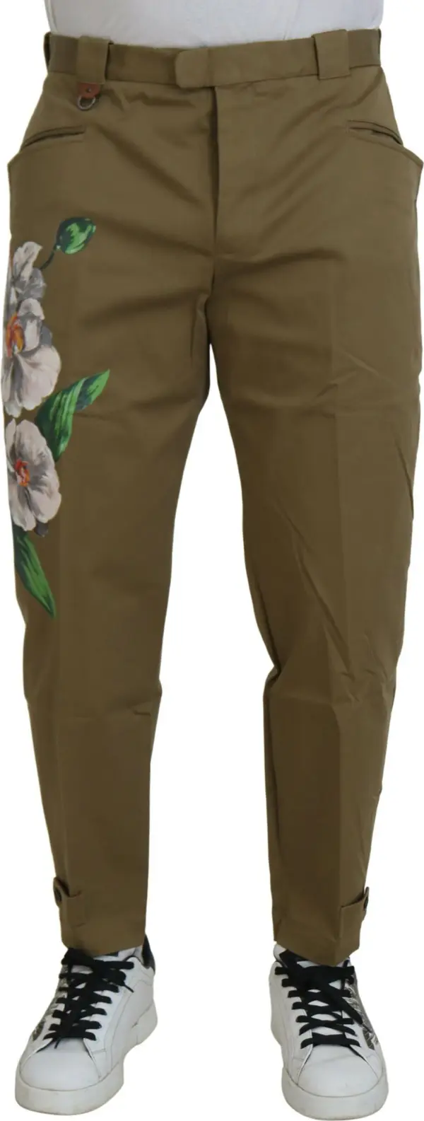 Beige Cotton Stretch Floral Chinos Pants