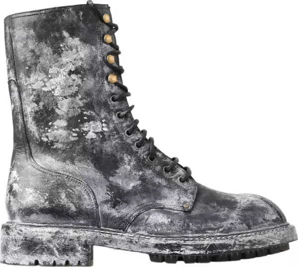 Black Gray Leather Mid Calf Boots Shoes