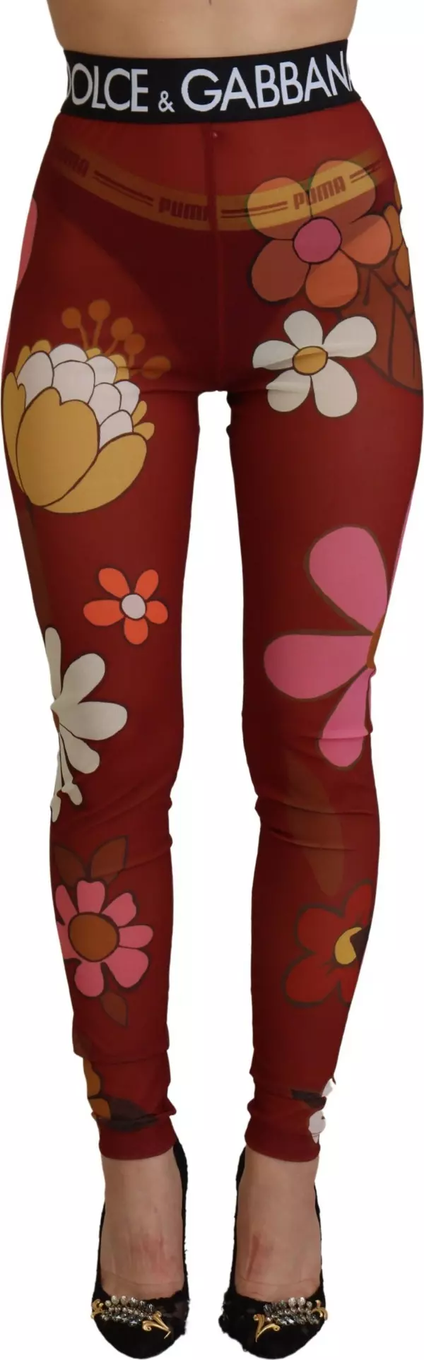 Red Floral Leggings Stretch Waist Pants