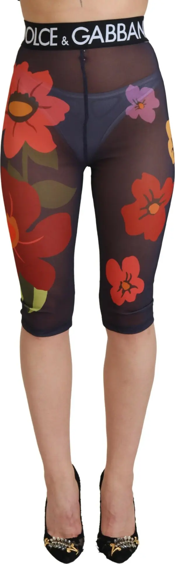 Black Floral Leggings Stretch Waist Pants