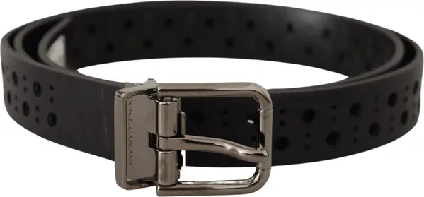 Black Calf Leather Perforated Metal Buckle Belt
