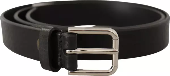 Black Calf Leather Silver Tone Logo Metal Buckle Belt