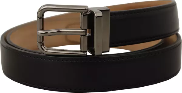 Black Calf Leather Logo Engraved Metal Buckle Belt