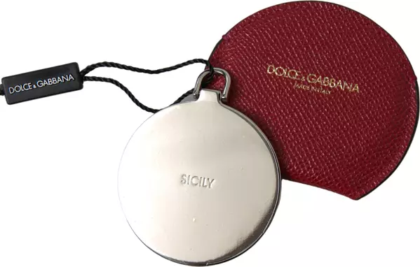 Red Calfskin Leather Round Hand Mirror Holder