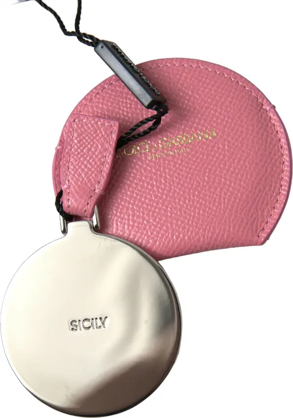 Pink Calfskin Leather Round Logo Print Hand Mirror Holder