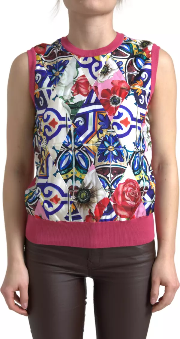 Multicolor Majolica Floral Crew Neck Tank Top