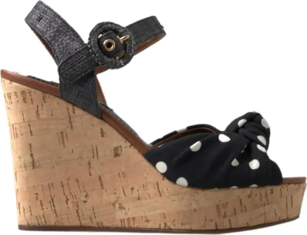 Black  Wedges Polka Dotted Ankle Strap Shoes Sandals