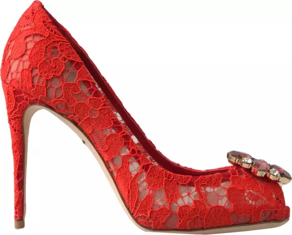 Red Taormina Lace Crystal Heels Pumps Shoes