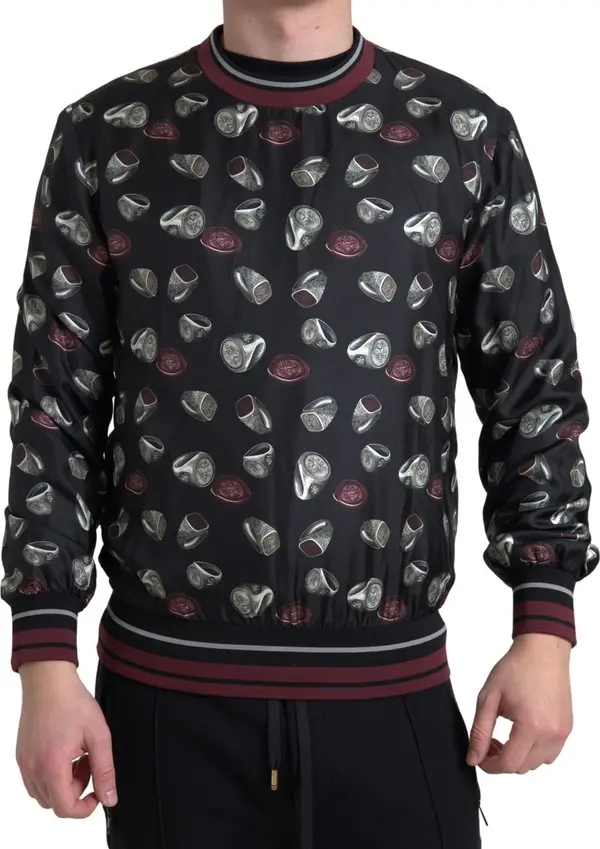 Black Ring Print Silk Crewneck Sweater