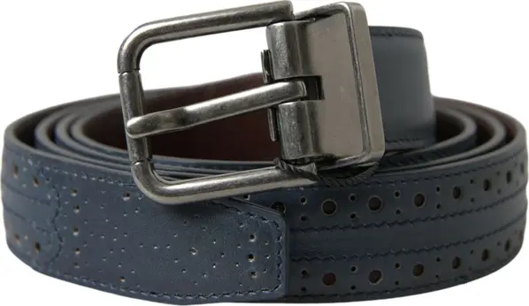 Blue Leather Perforated Metal Buckle Belt