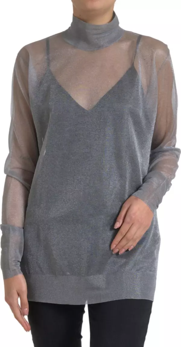 Gray Mesh Turtleneck Long Sleeve Blouse Top