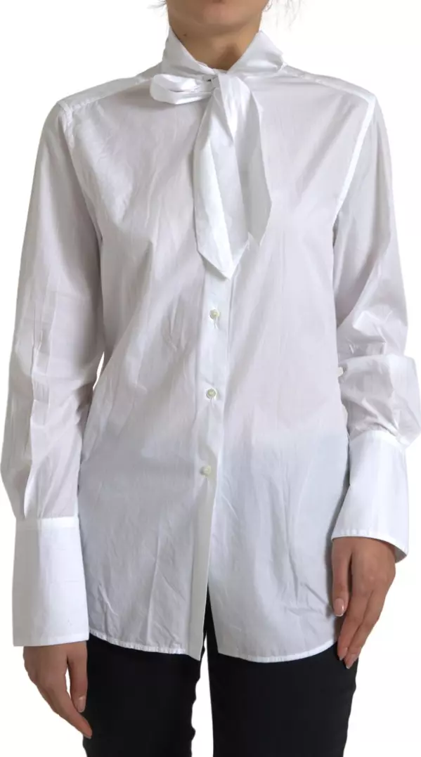White Cotton Ascot Collar Long Sleeves Top