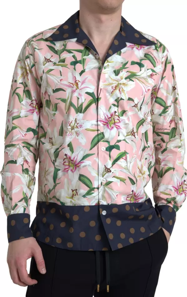 Cotton Polka Dot Lily Print Collared Shirt
